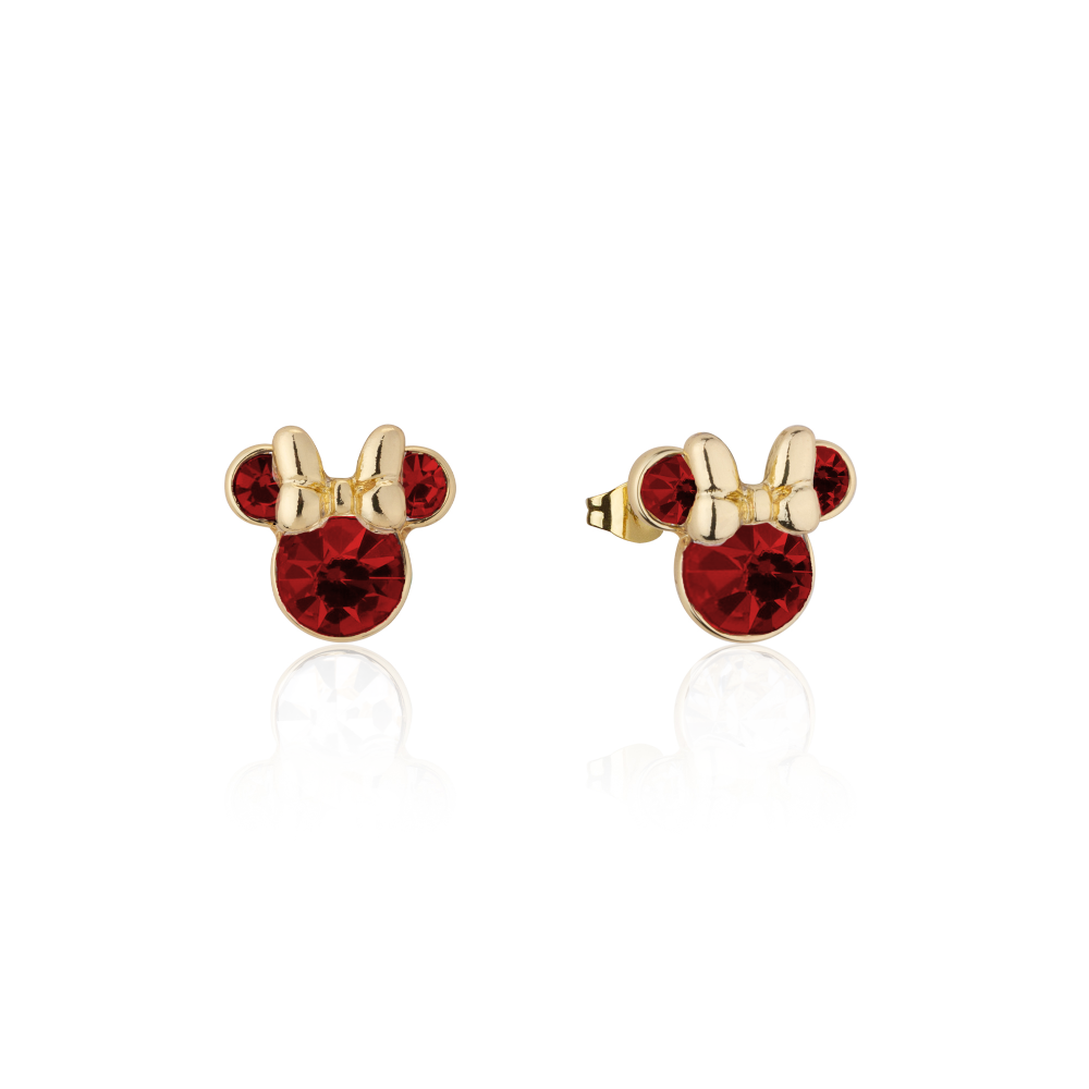 Gold Minnie Mouse Jan Birthstone red crystal stud earrings on a white background by Couture Kingdom