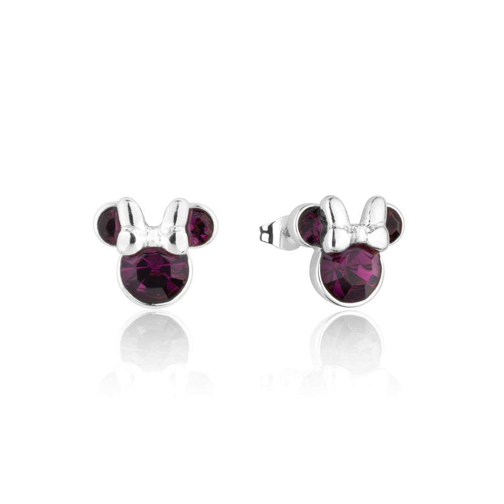 White Gold Minnie Mouse February Birthstone purple crystal stud earrings on a white background by Couture Kingdom