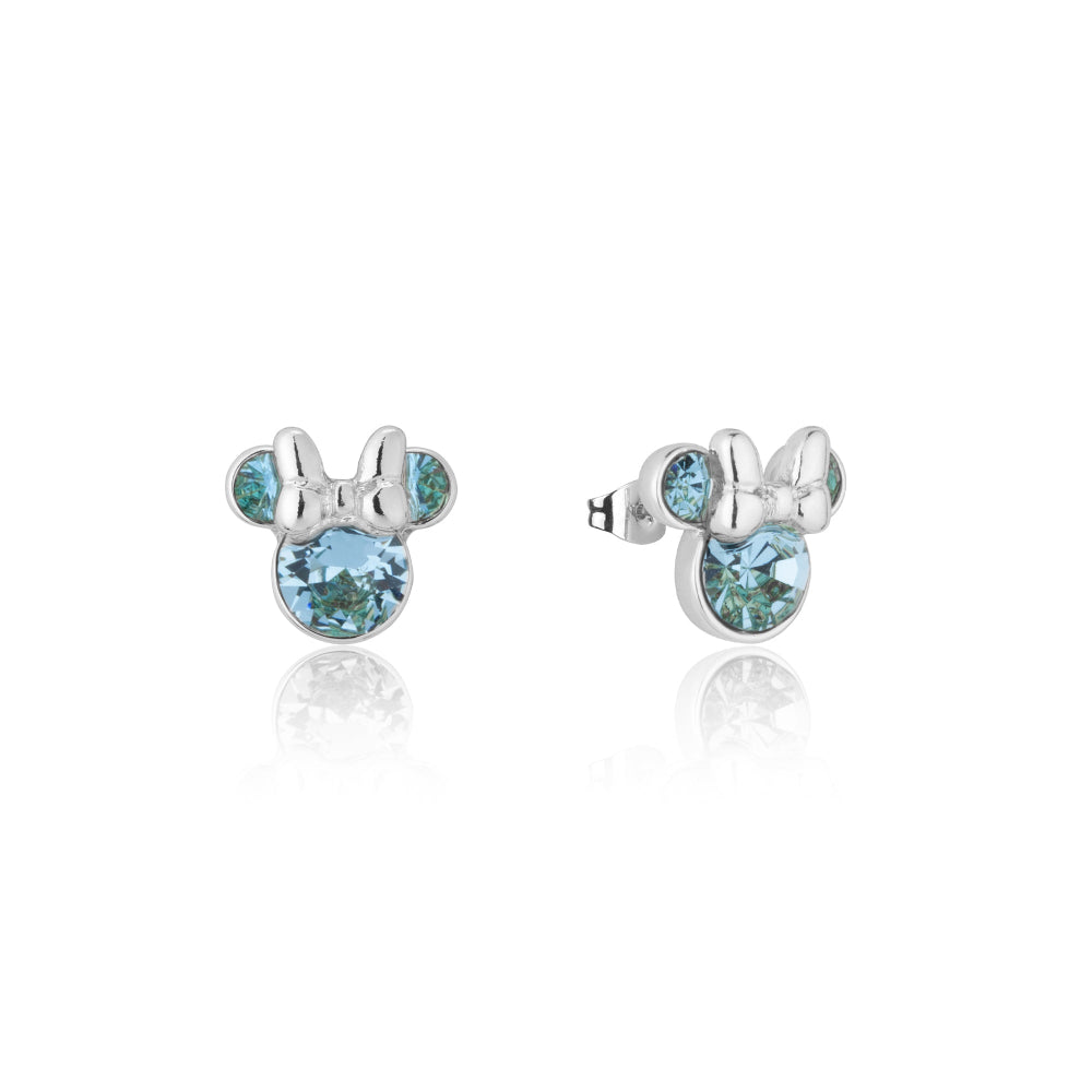 White Gold Minnie Mouse earrings with blue gemstones March birthstone on a white background by Couture Kingdom