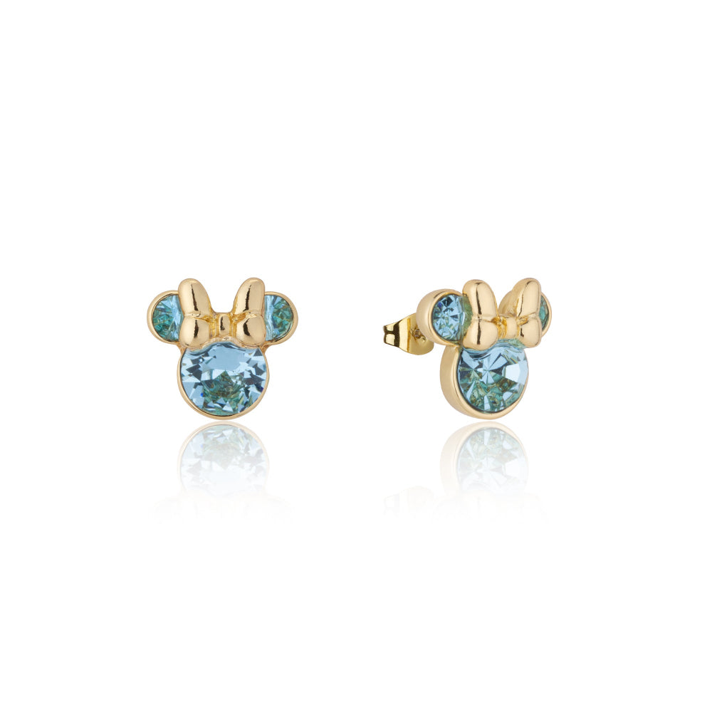 Yellow Gold Minnie Mouse earrings with blue gemstones March birthstone on a white background by Couture Kingdom