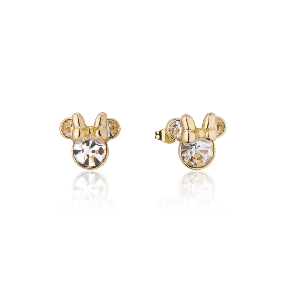 Disney Minnie Mouse yellow gold stud earrings with clear April Birthstone crystals on a white background by Couture Kingdom