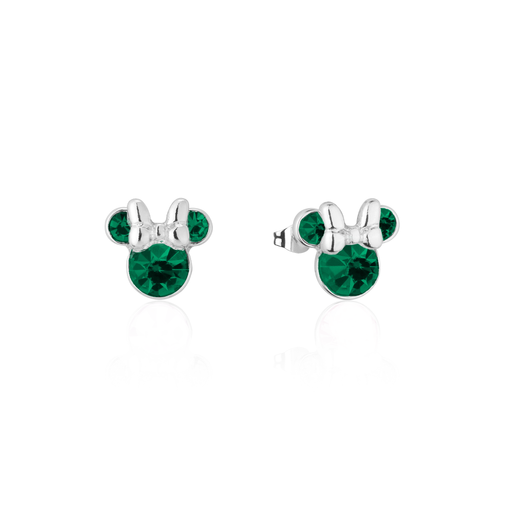 White Gold Minnie Mouse earrings with green May Birthstone on a white background by Couture Kingdom