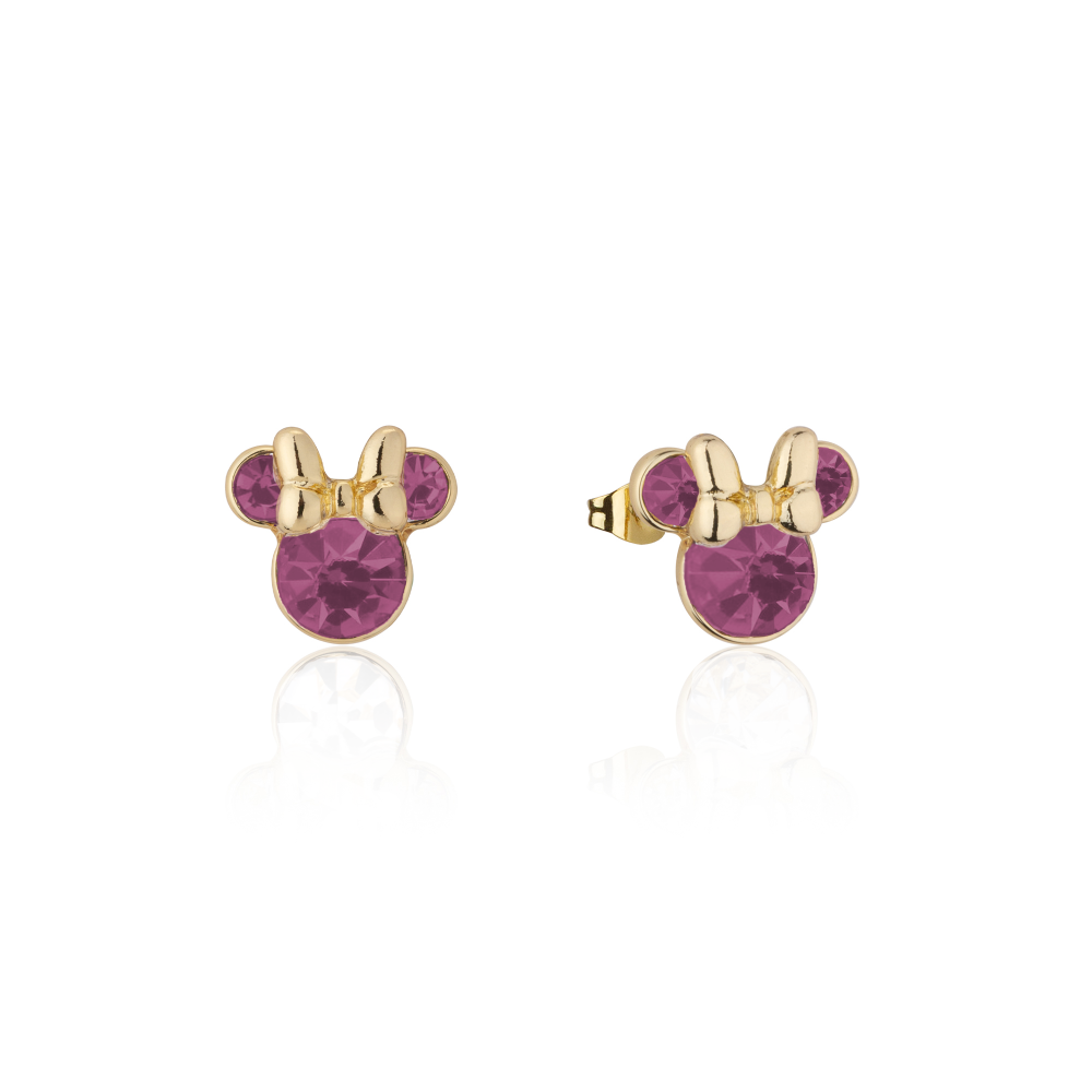 Yellow gold Minnie Mouse June Birthstone Stud Earrings with crystals on a white background by Couture Kingdom