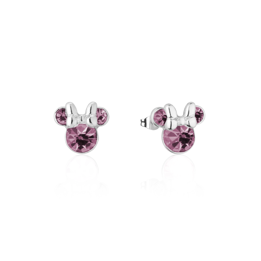 White gold Minnie Mouse June Birthstone Stud Earrings with crystals on a white background by Couture Kingdom