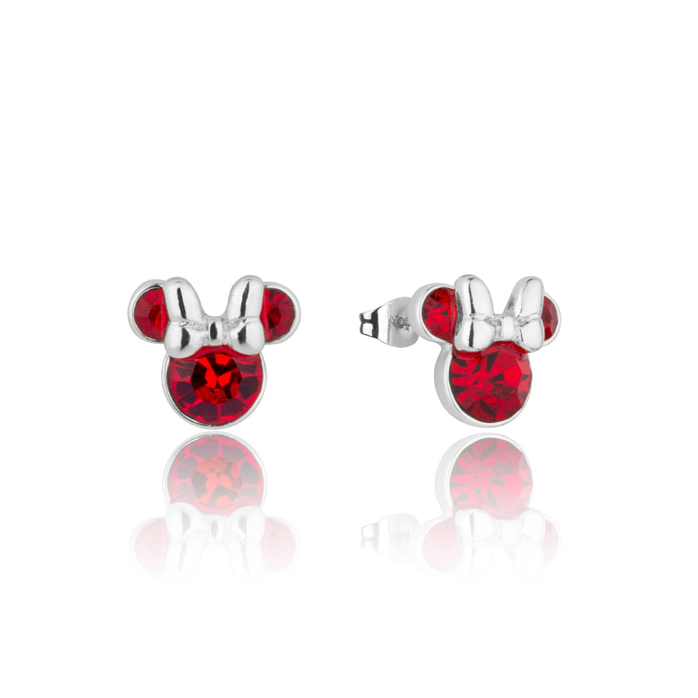 White gold Minnie Mouse July Birthstone Stud Earrings with red crystals on a white background by Couture Kingdom
