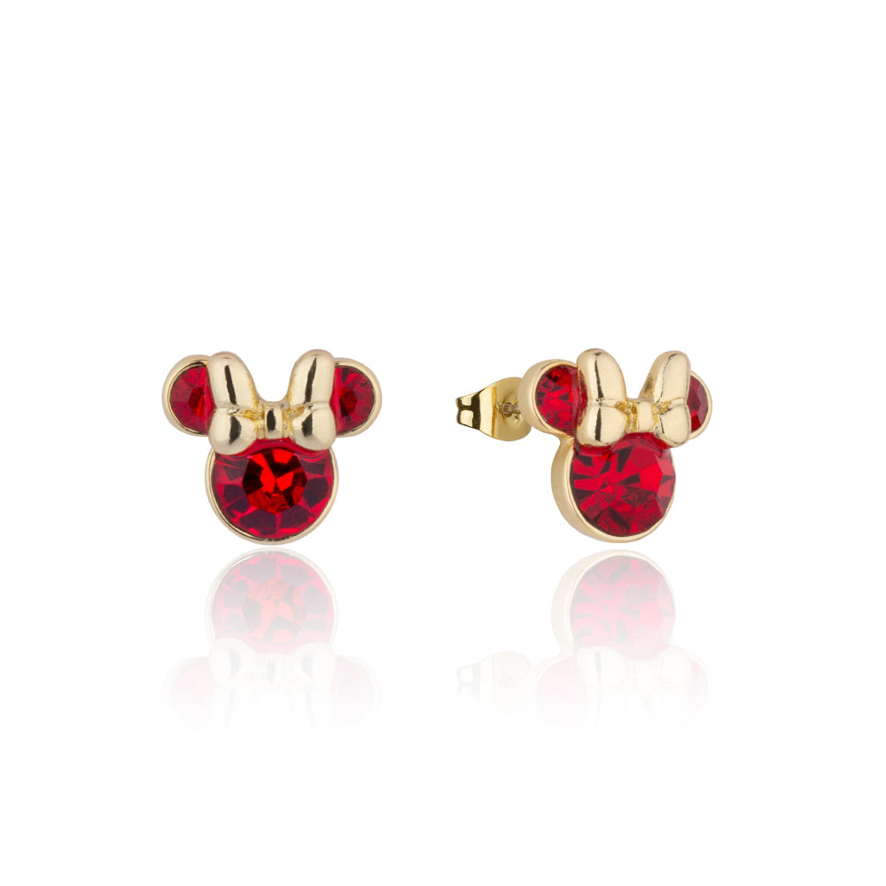 Yellow gold Minnie Mouse July Birthstone Stud Earrings with red crystals on a white background by Couture Kingdom