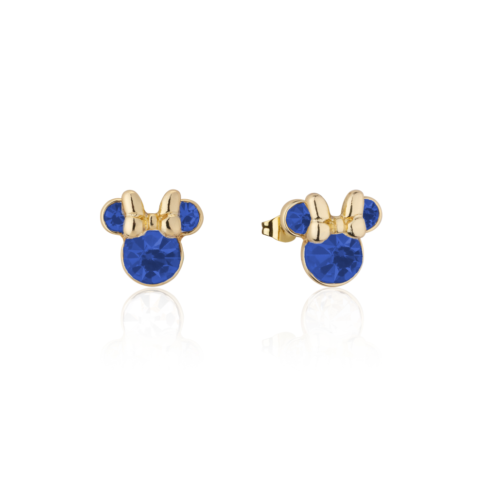 Yellow gold Minnie Mouse September Birthstone Stud Earrings with blue crystals on a white background by Couture Kingdom
