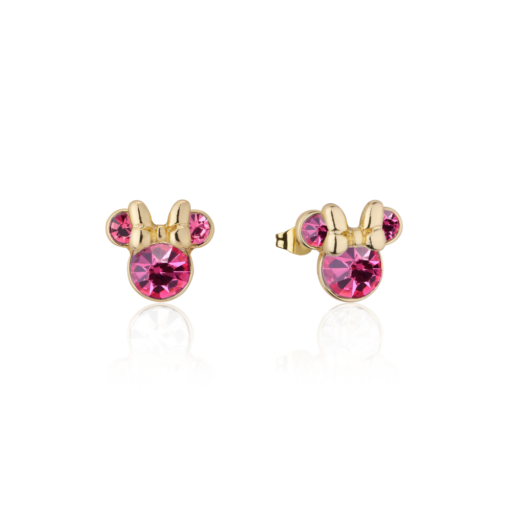 Yellow gold Minnie Mouse October Birthstone Stud Earrings with pink crystals on a white background by Couture Kingdom