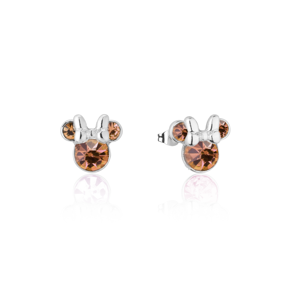 White gold Minnie Mouse November Birthstone Stud Earrings with yellow crystals on a white background by Couture Kingdom