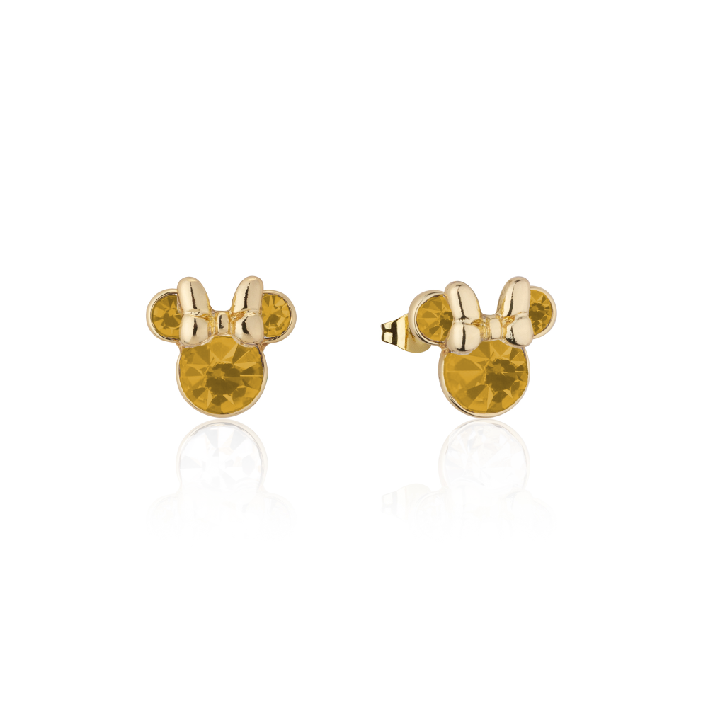 Yellow gold Minnie Mouse November Birthstone Stud Earrings with yellow crystals on a white background by Couture Kingdom