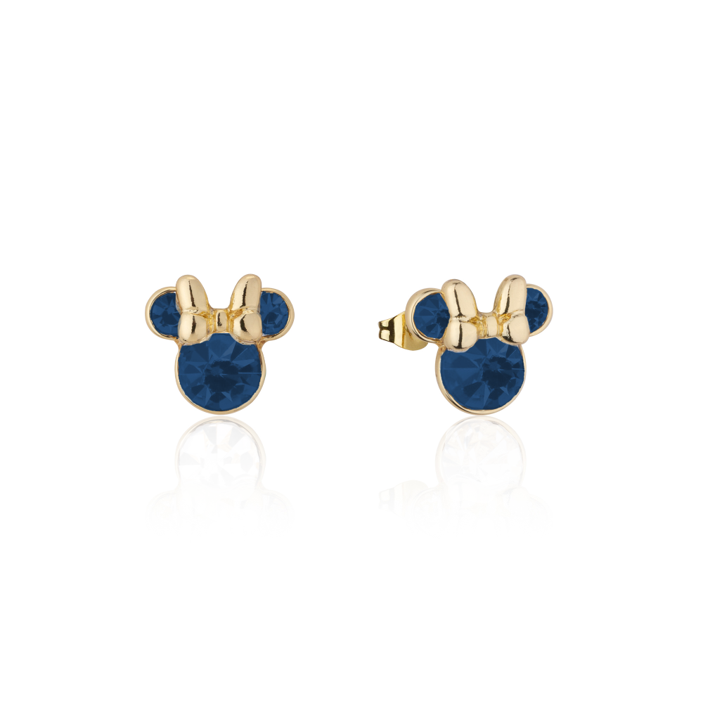 Yellow gold Minnie Mouse December Birthstone Stud Earrings with crystals on a white background by Couture Kingdom