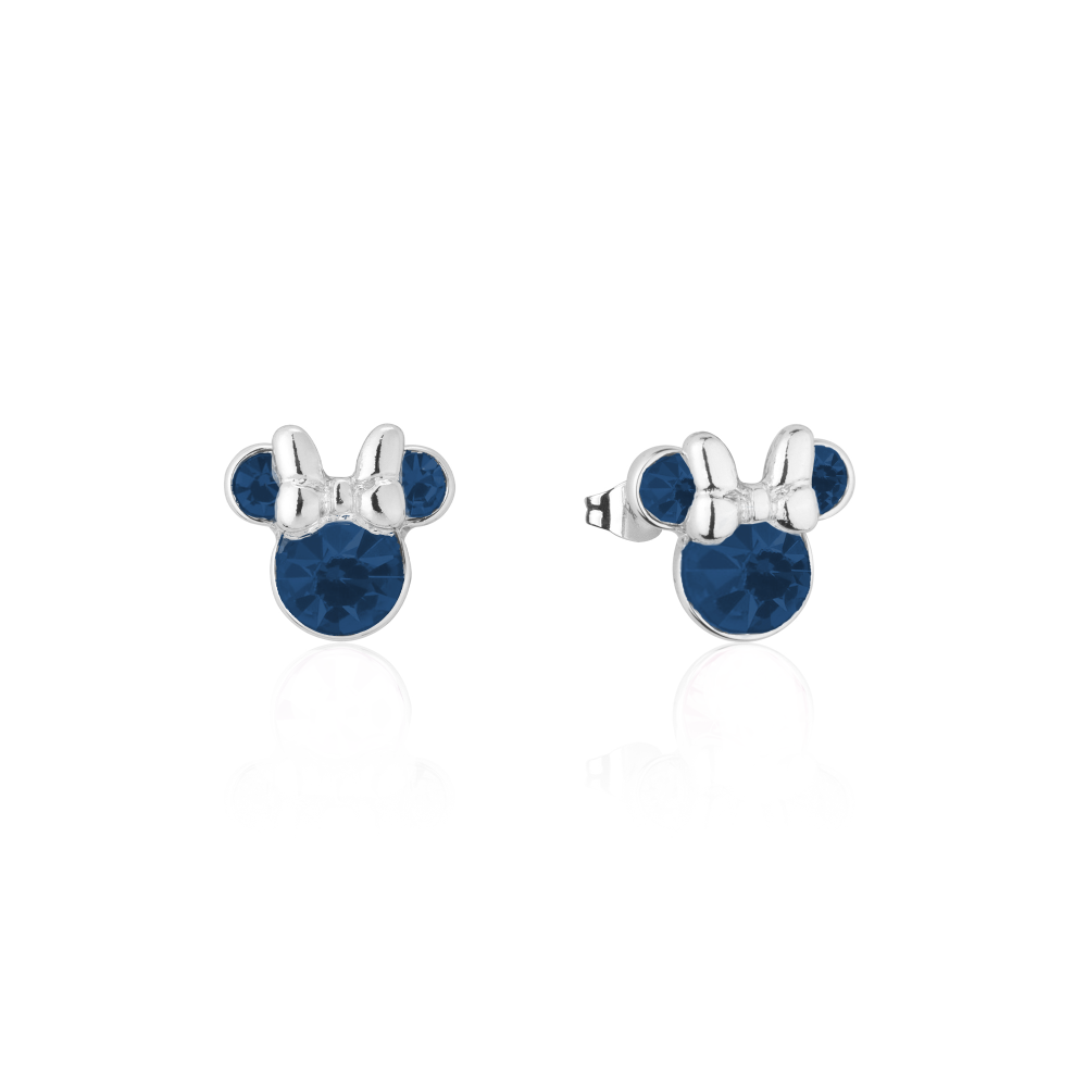 White gold Minnie Mouse December Birthstone Stud Earrings with crystals on a white background by Couture Kingdom