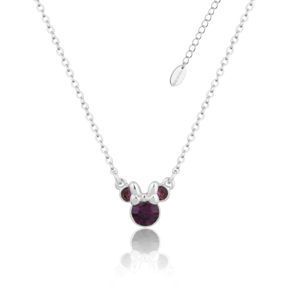 white Gold necklace with a Minnie Mouse Feb Birthstone pendant, with purple crystals on a white background by Couture Kingdom