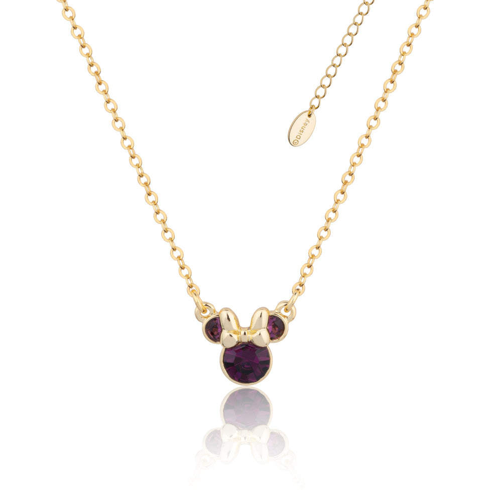 Gold necklace with a Minnie Mouse Feb Birthstone pendant, with purple crystals on a white background by Couture Kingdom