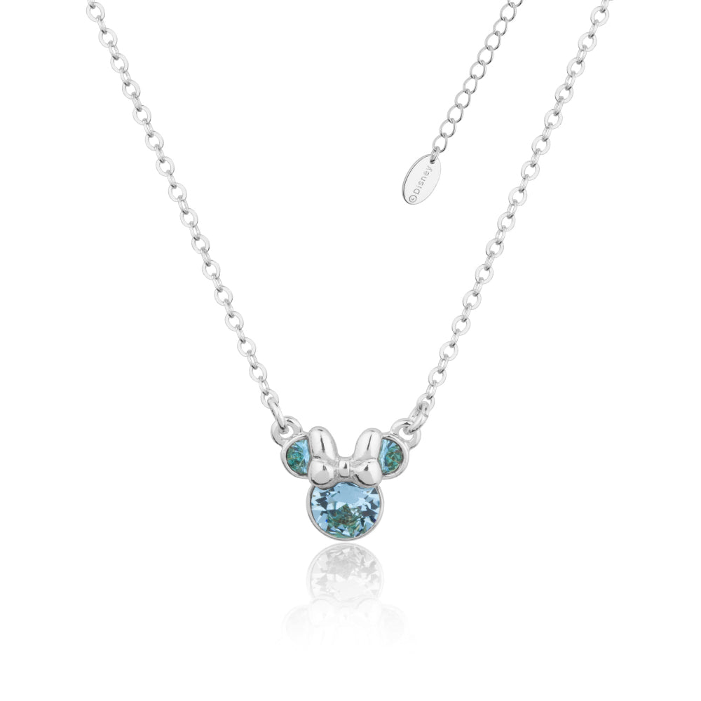 White Gold necklace with a Minnie Mouse March Birthstones, blue gemstone pendant on a white background by Couture Kingdom