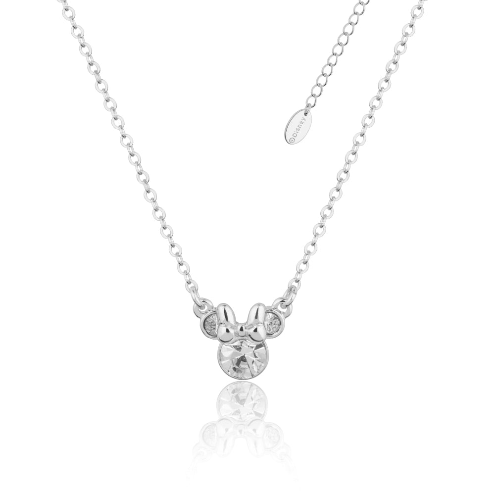 White Gold necklace with a small Minnie Mouse Birthstone pendant with clear April Crystals on a white background by Couture Kingdom