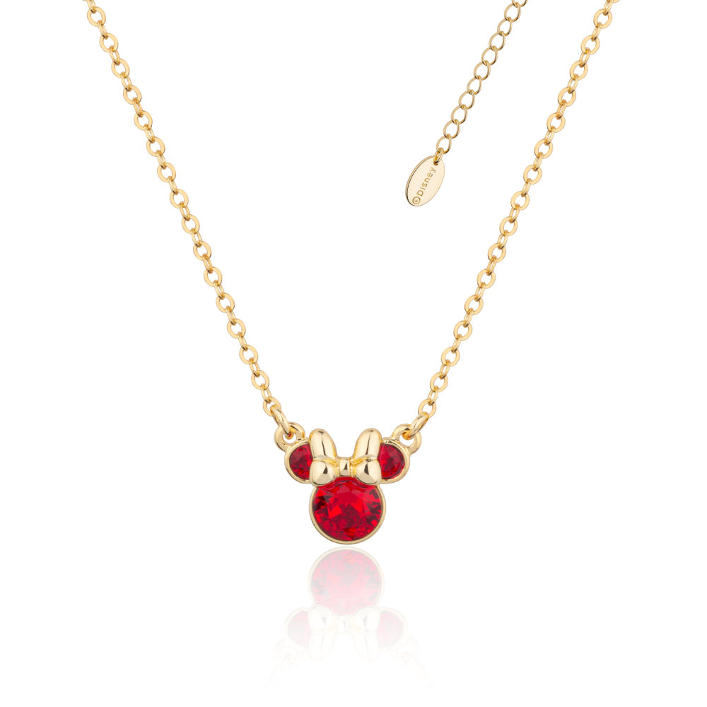 Gold necklace with a Minnie Mouse July birthstone red crystal pendant on a white background by Couture Kingdom