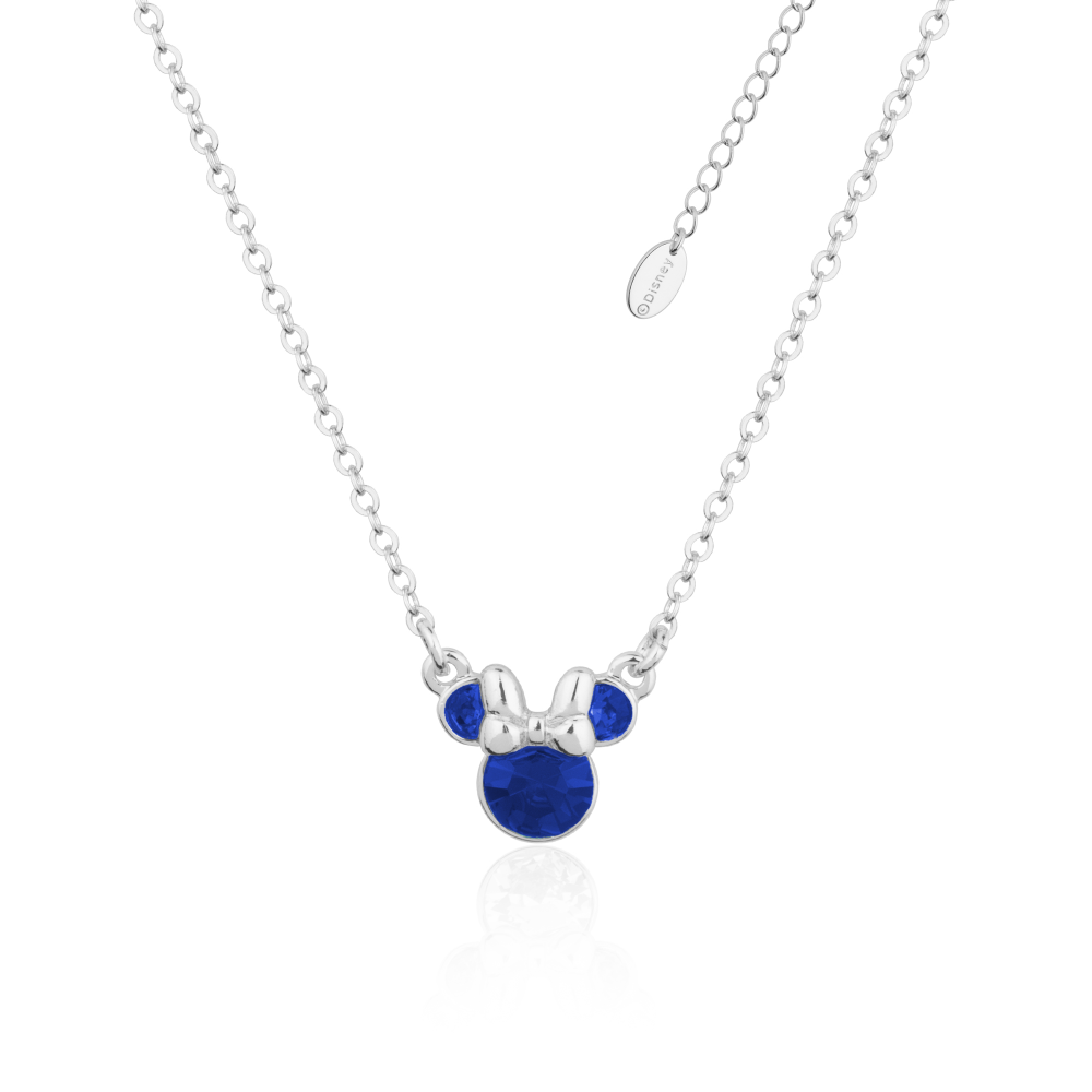 White Gold necklace with a Minnie Mouse September birthstone blue crystal pendant on a white background by Couture Kingdom