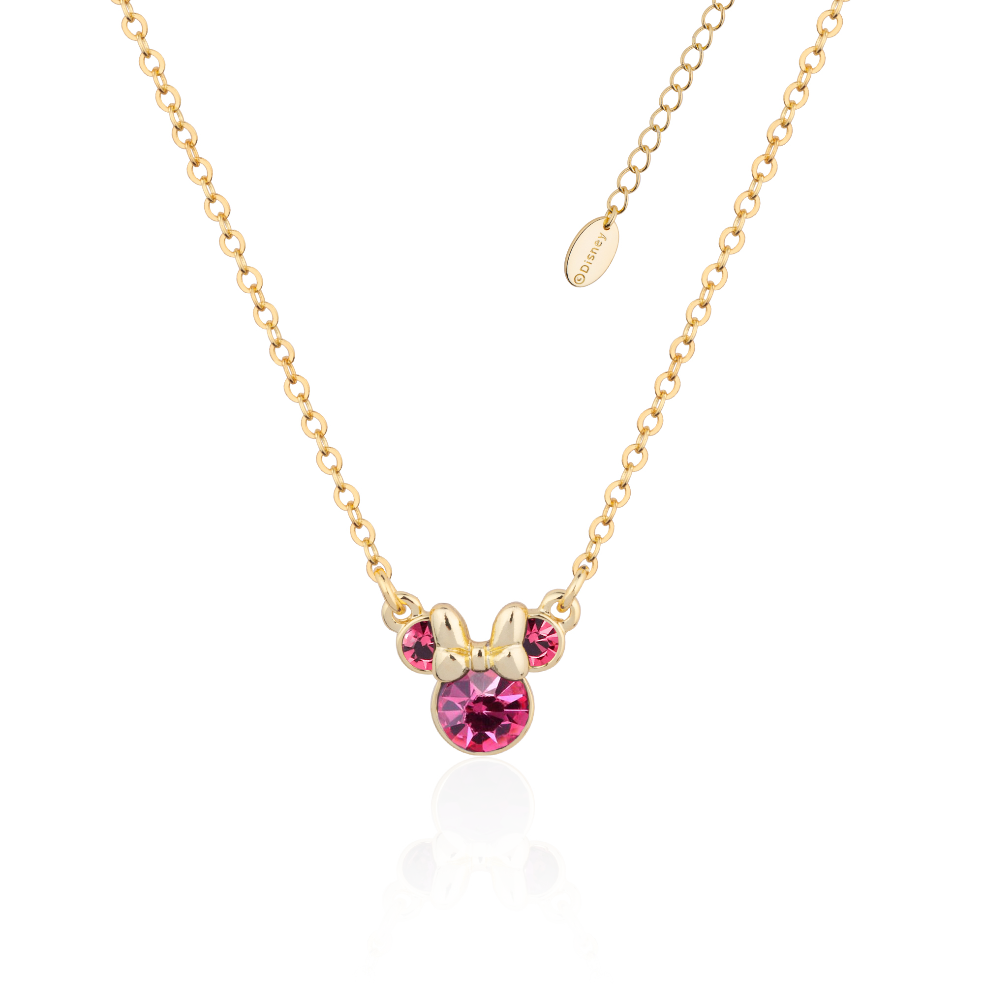 Gold necklace with a Minnie Mouse October birthstone pink crystal pendant on a white background by Couture Kingdom