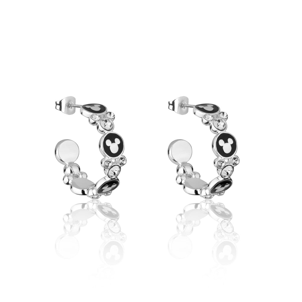 white Gold hoop earrings with black and white accents in Mickey Mouse shaped icons on a white background by couture kingdom