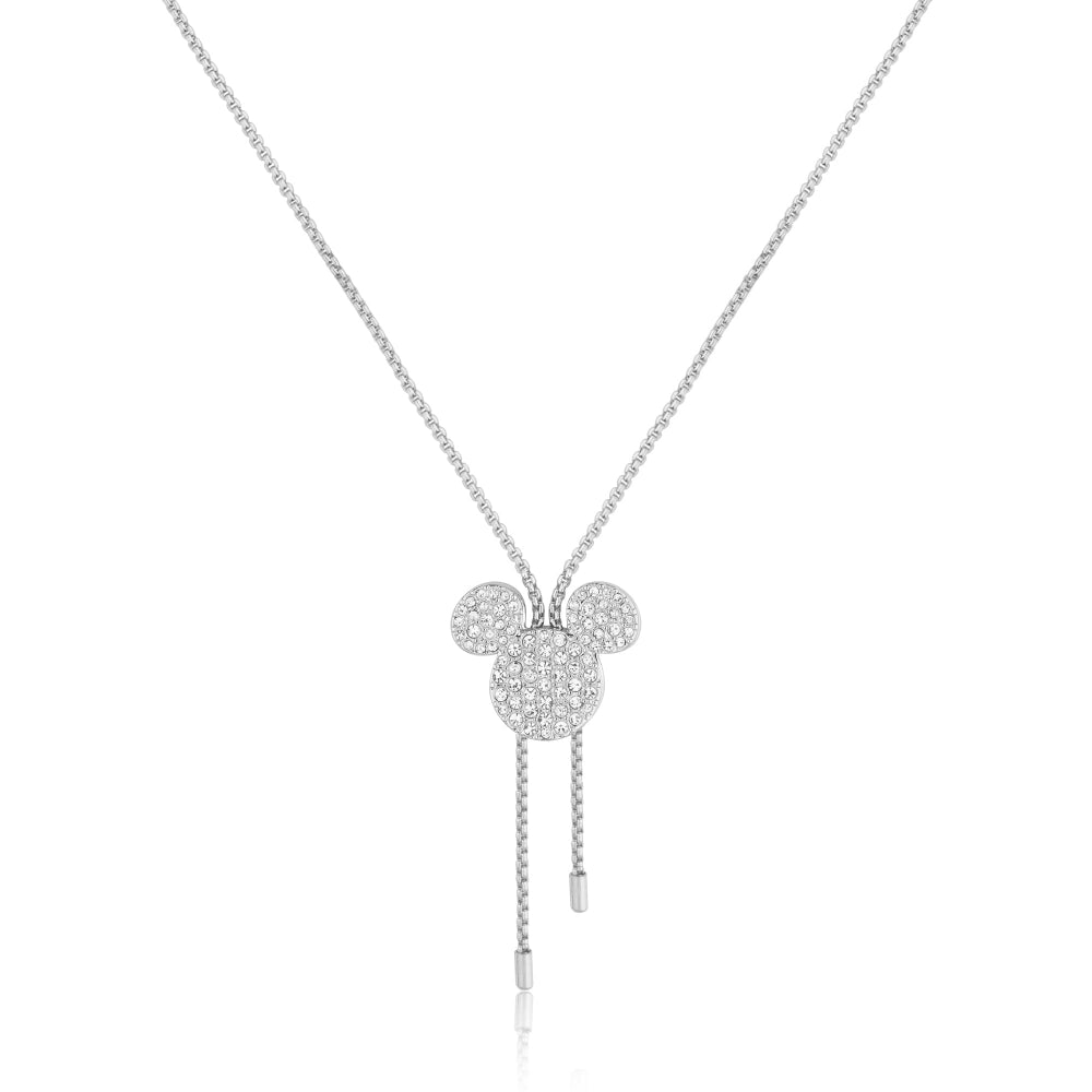 White Gold Silver necklace with a pendant shaped as Mickey Mouse with clear crystals, on a white background