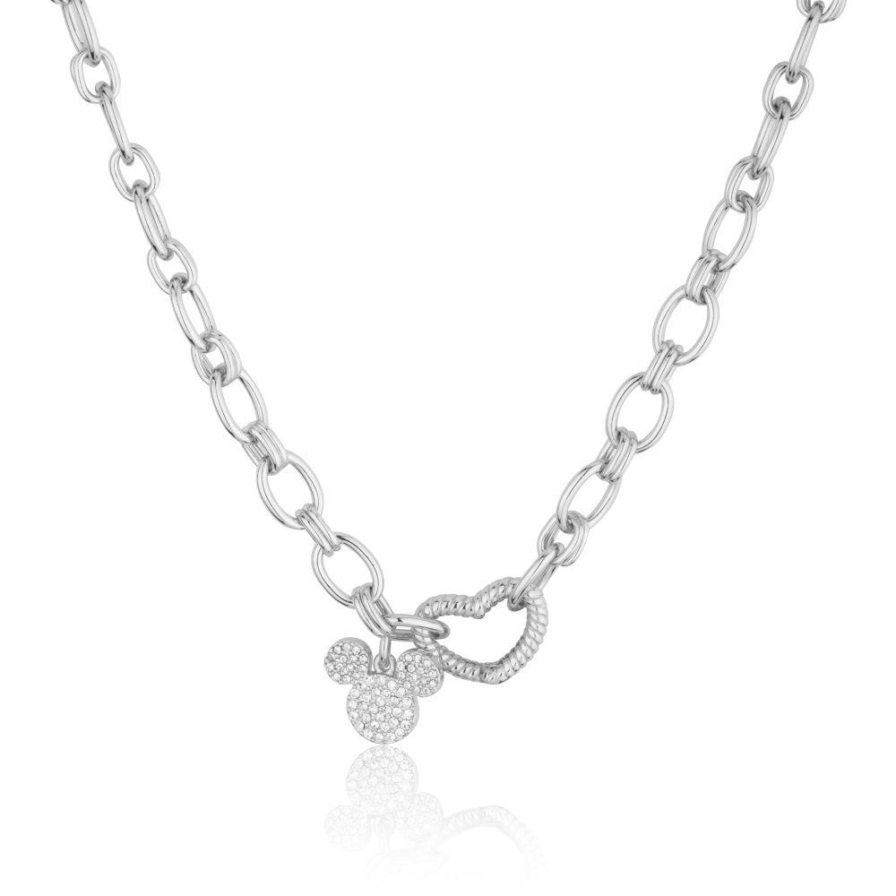 White Gold chain necklace with a small gold Mickey Mouse head charm with pave set clear crystals, on a white background by Couture Kingdom