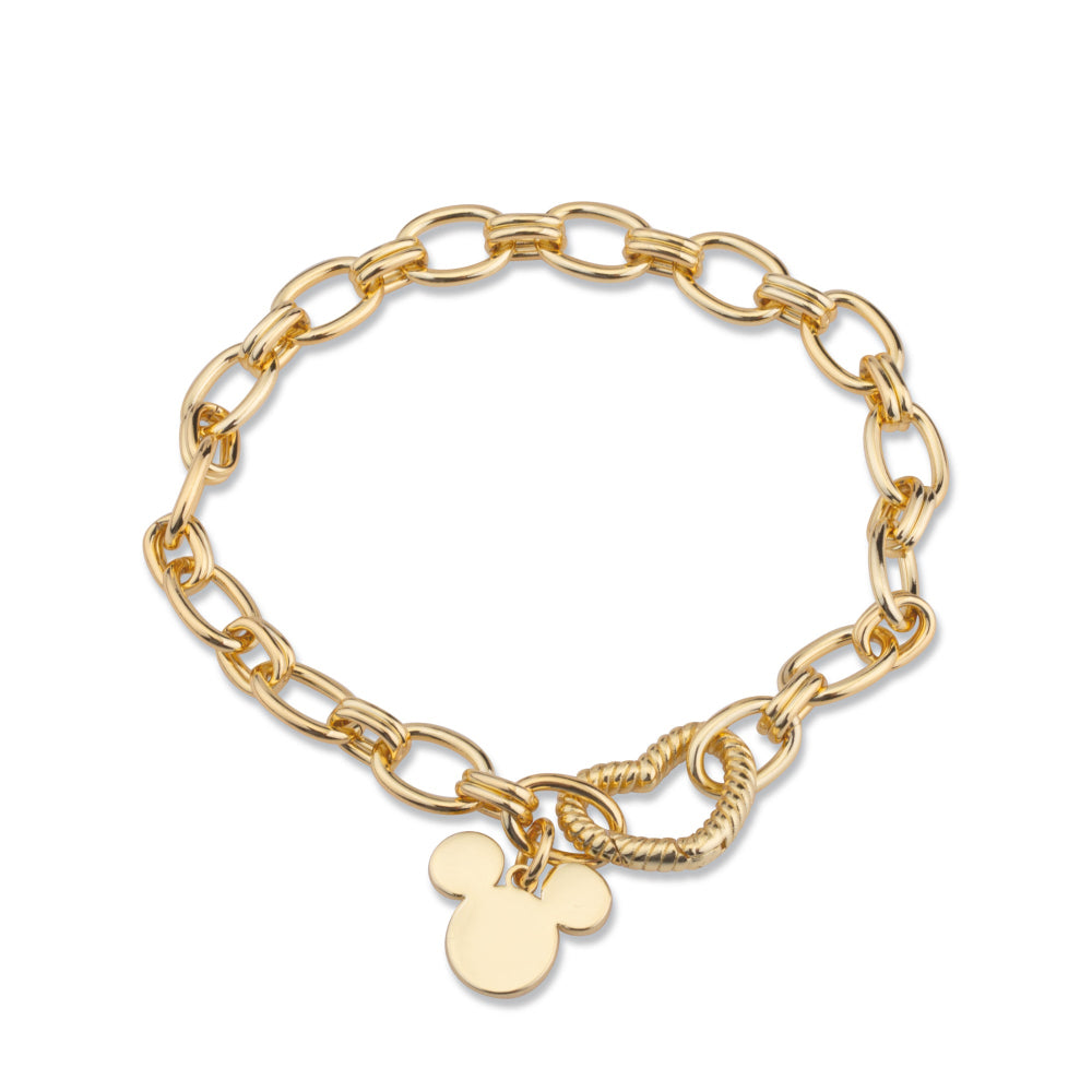 Gold chain bracelet with a Mickey Mouse charm on a white background by Couture Kingdom
