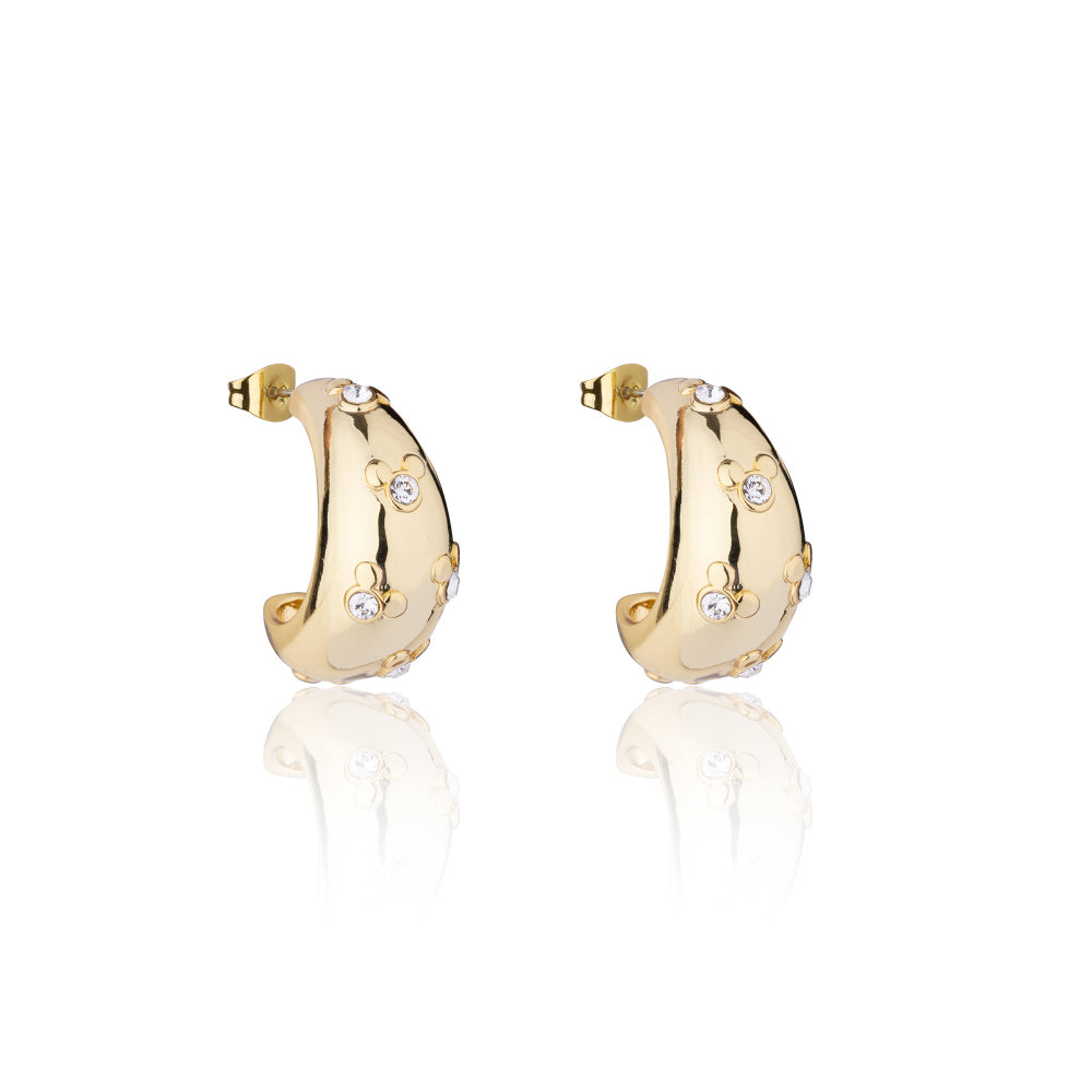 Gold tear drop earrings with small Mickey Mouse icons featuring clear crystals on a white background by Couture Kingdom