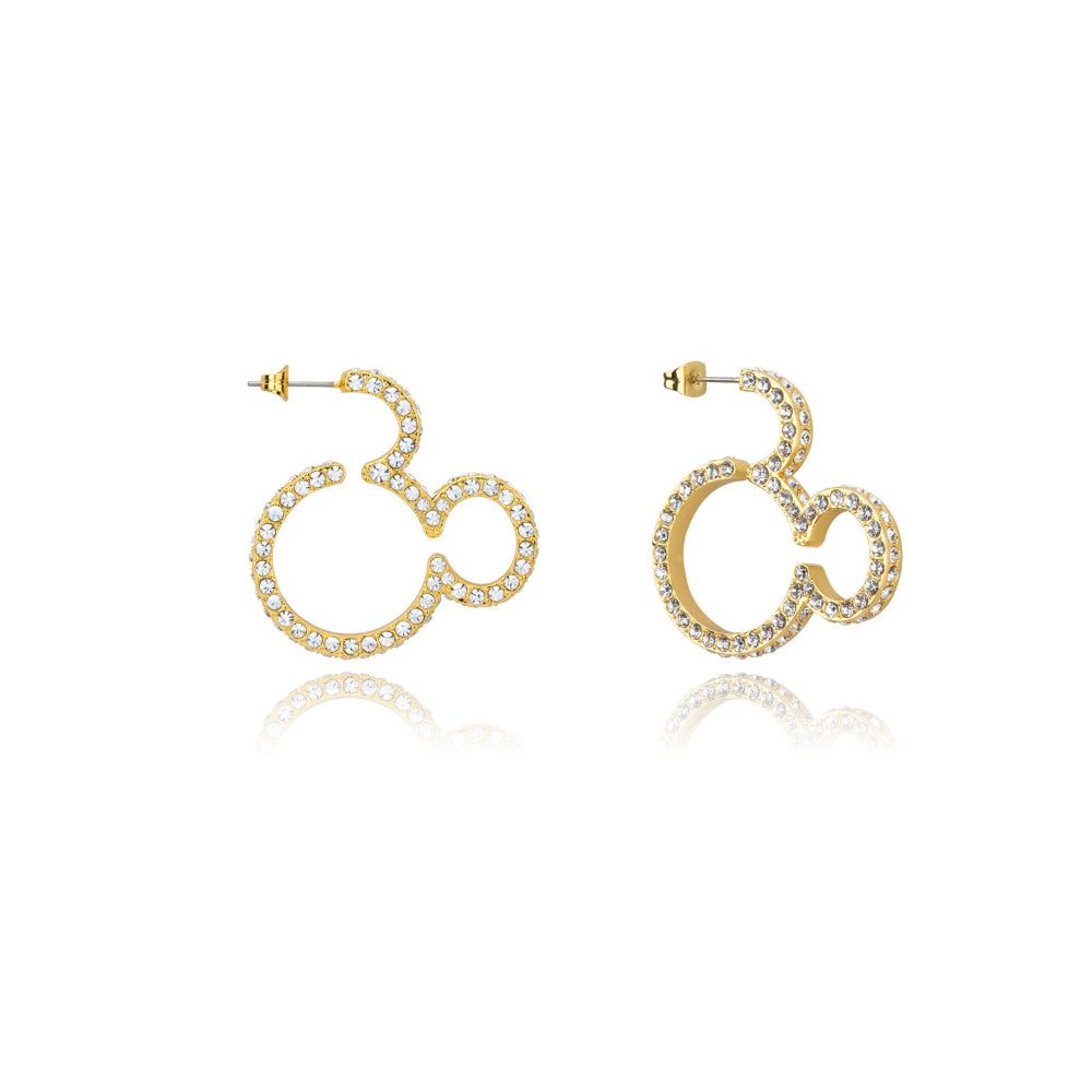 Gold hoop earrings in outline Mickey Mouse shape with embedded stones on a white background by Couture Kingdom