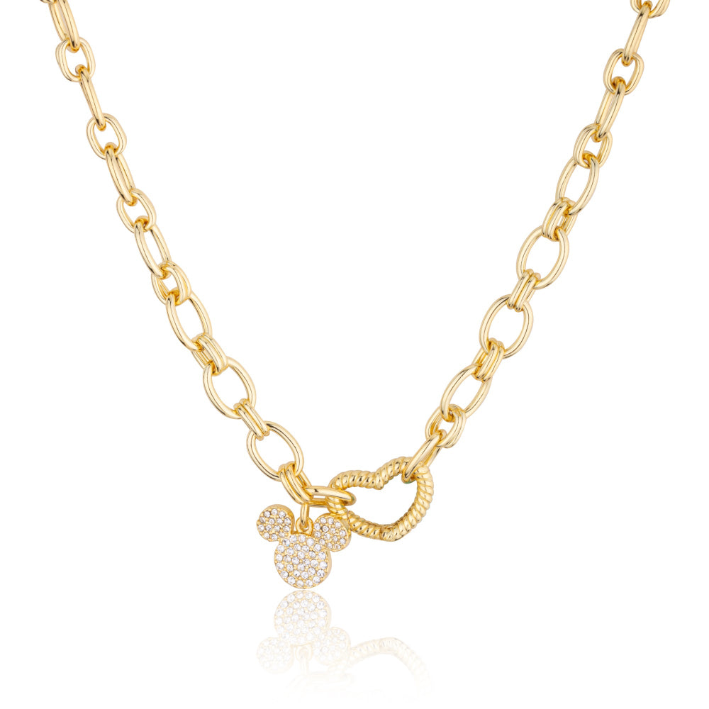 Gold chain necklace with a small gold Mickey Mouse head charm with pave set clear crystals, on a white background by Couture Kingdom