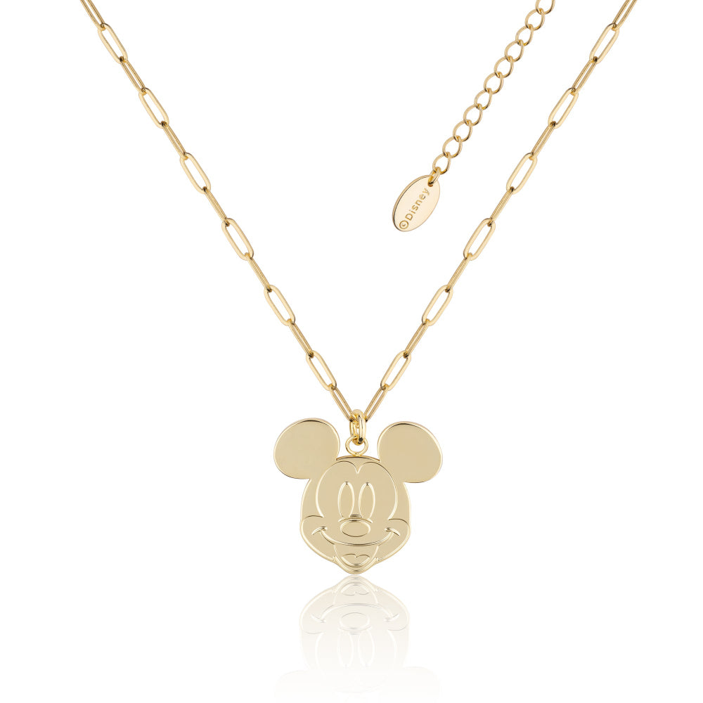 Yellow Gold plated necklace with a Mickey Mouse head pendant on a white background by Couture Kingdom