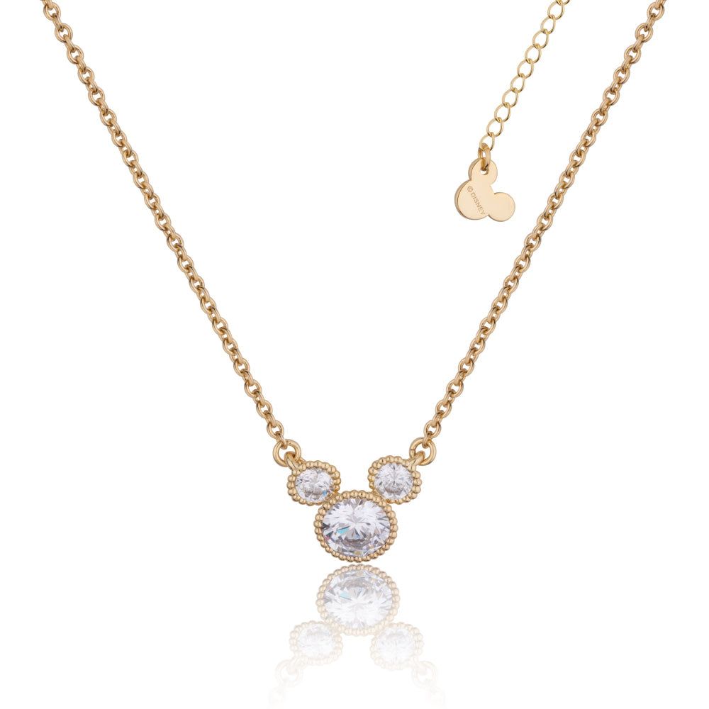 Gold plated necklace with a Mickey Mouse crystal pendant on a white background by Couture Kingdom