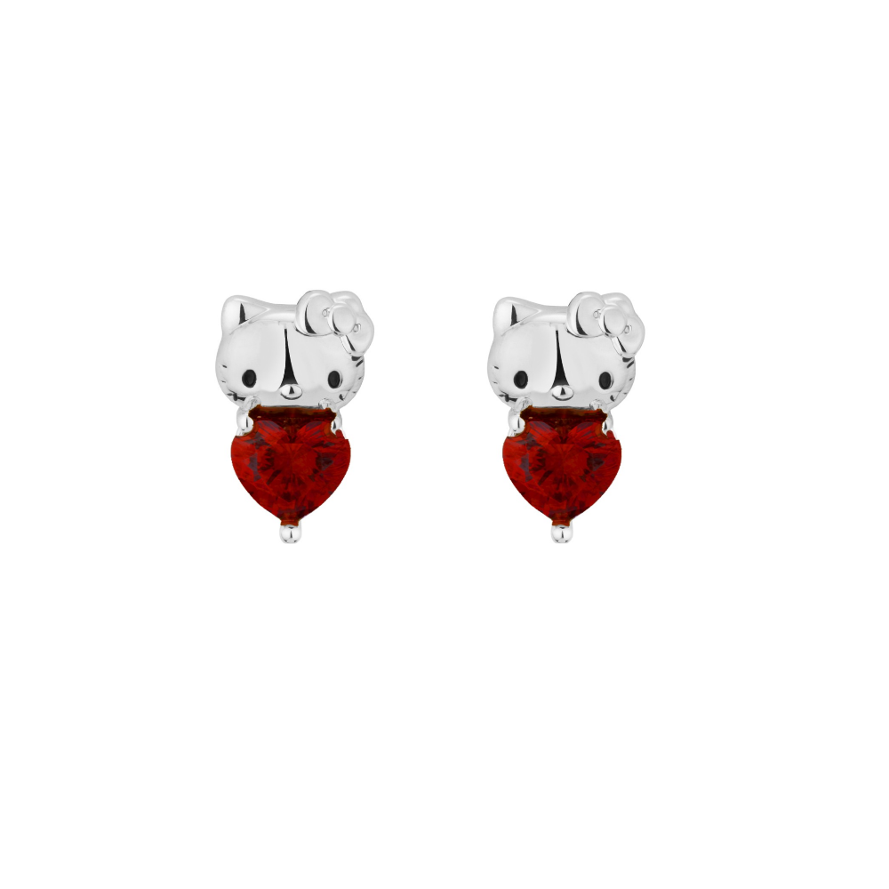 White Gold Hello Kitty January Birthstone crystal stud earrings on a white background by Couture Kingdom