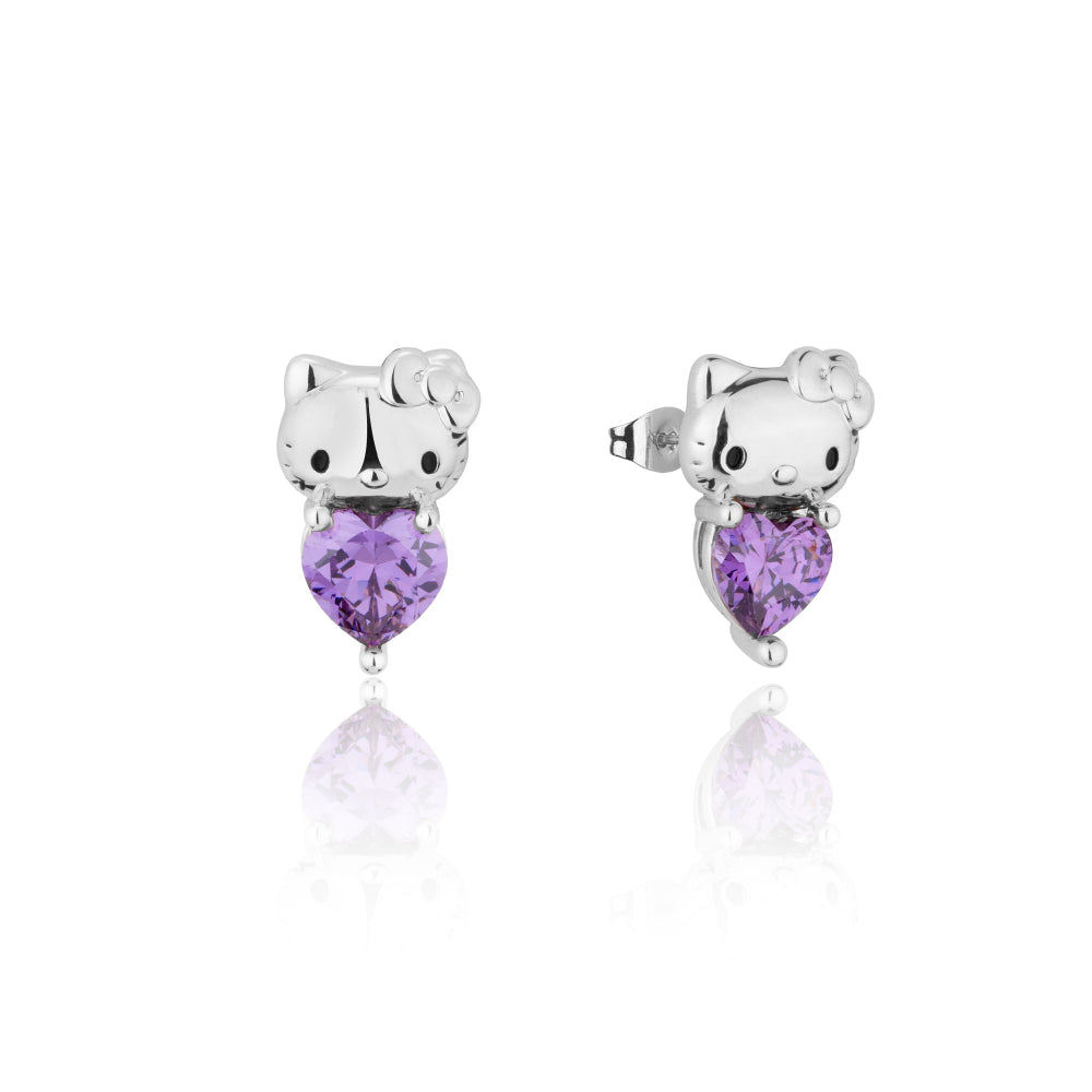 White Gold Hello Kitty February Birthstone crystal stud earrings on a white background by Couture Kingdom