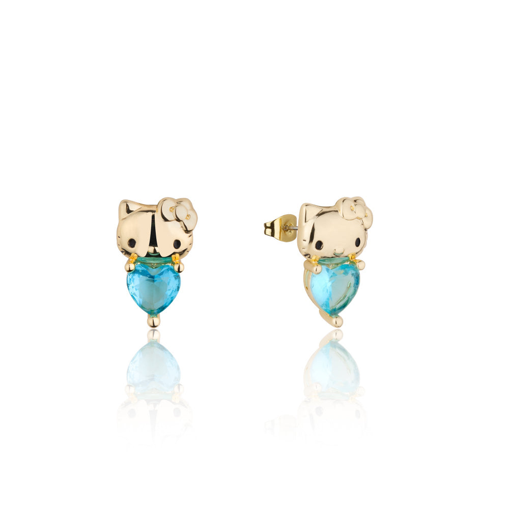 Gold Hello Kitty March Birthstone crystal stud earrings on a white background by Couture Kingdom