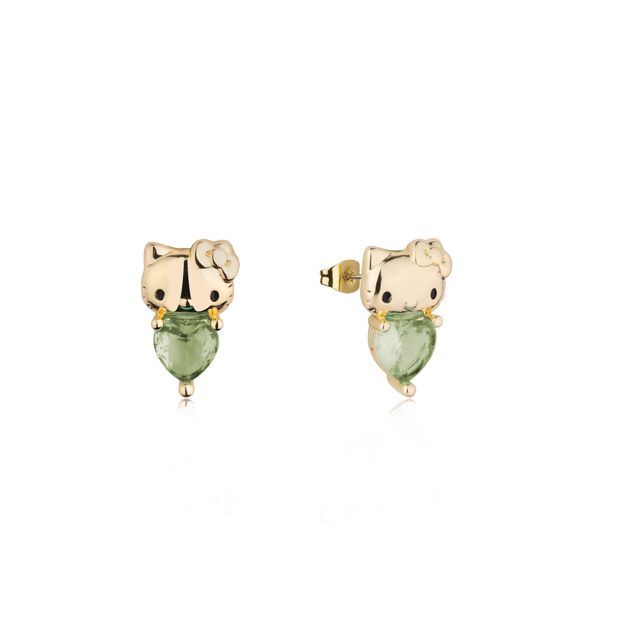 Gold Hello Kitty August Birthstone crystal stud earrings on a white background by Couture Kingdom