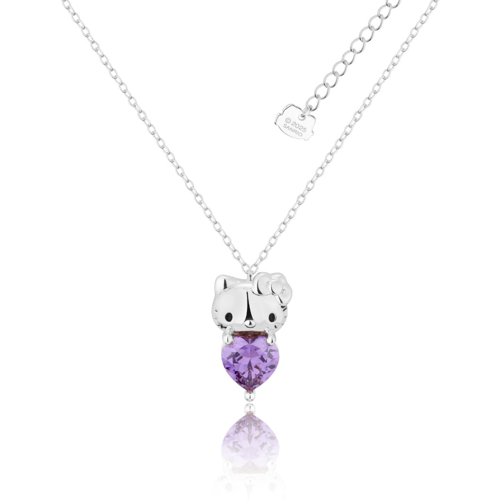 White Gold Hello Kitty February Birthstone crystal necklace on a white background by Couture Kingdom