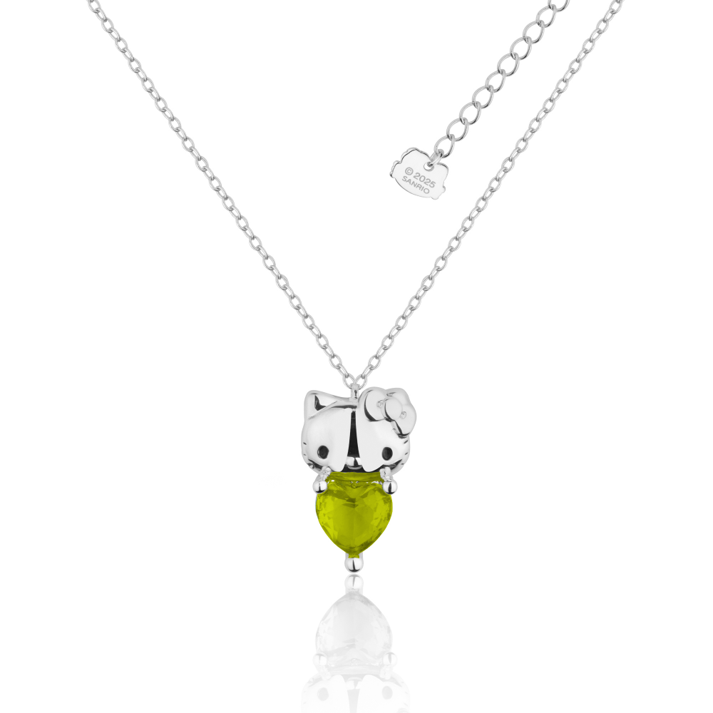 White Gold Hello Kitty August Birthstone crystal necklace on a white background by Couture Kingdom