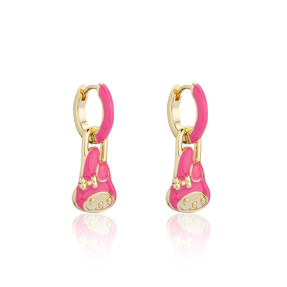 Pair of yellow gold hoop earrings with pink enamel and a small Sanrio Hello Kitty My Melody charm on a white background