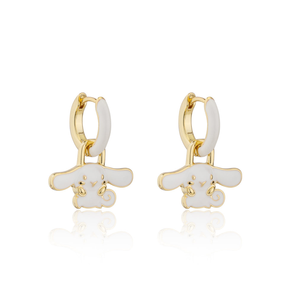 Pair of yellow gold hoop earrings with white enamel and a small Sanrio Hello Kitty Cinnamoroll charm on a white background