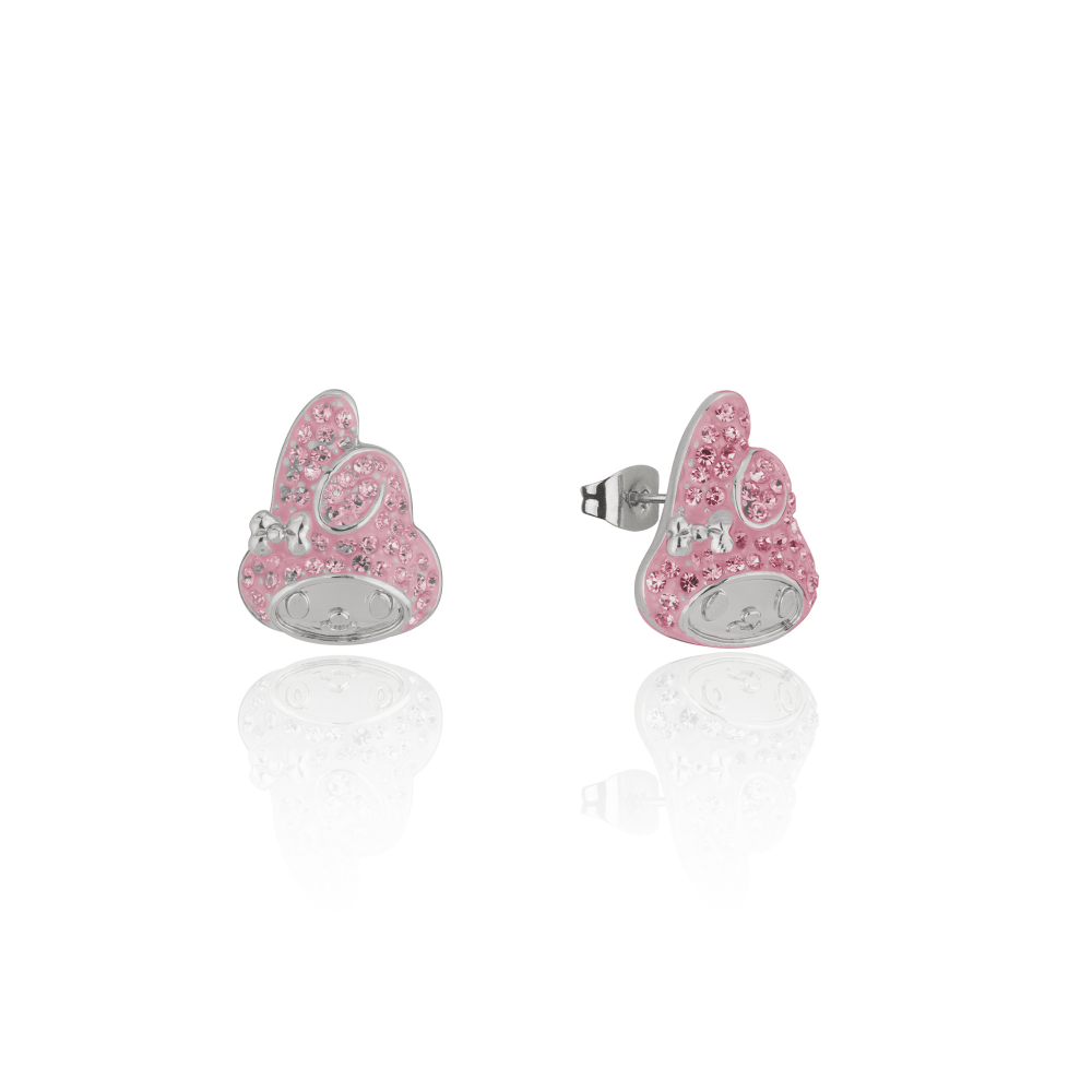 White Gold My melody sanrio pink crystal stud earrings on a white background by Couture Kingdom
