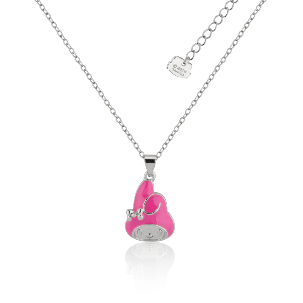 White Gold My melody Sanrio pink enamel necklace on a white background by Couture Kingdom