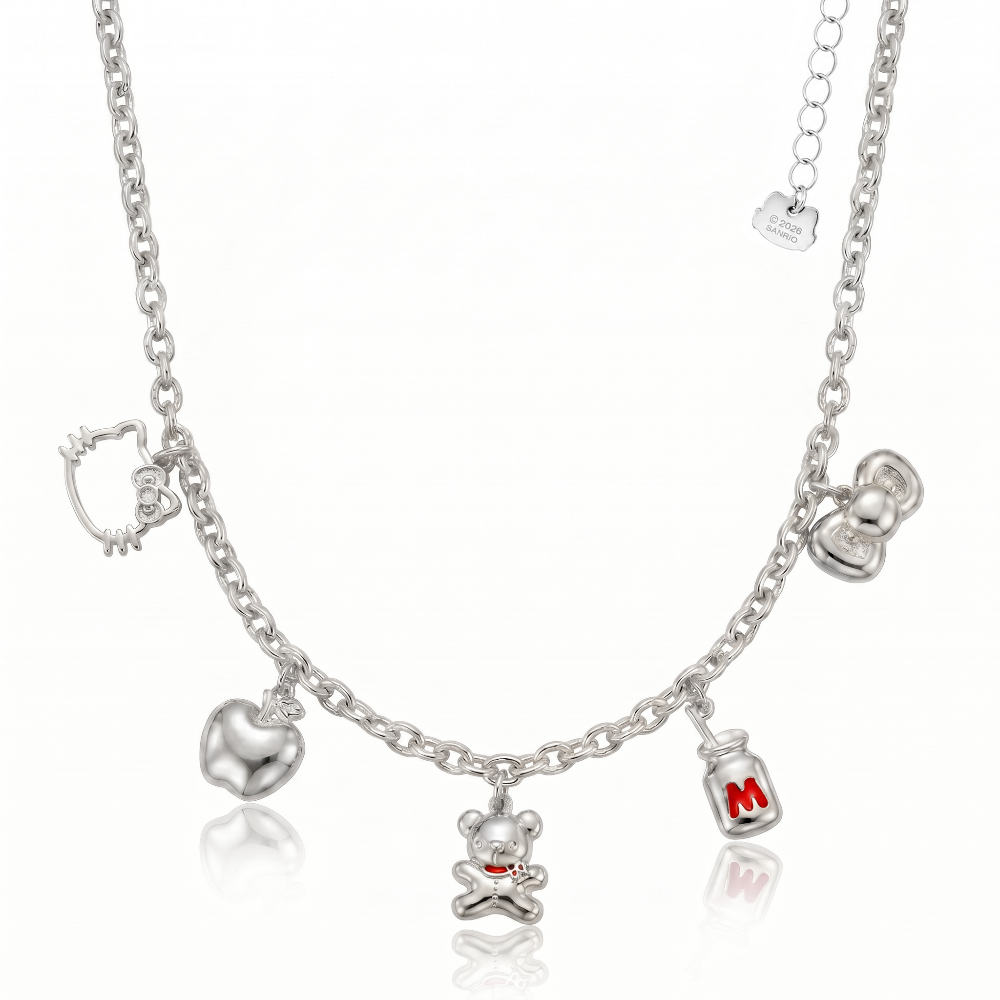 White gold necklace with five hello Kitty icon charms on a white background by Couture Kingdom