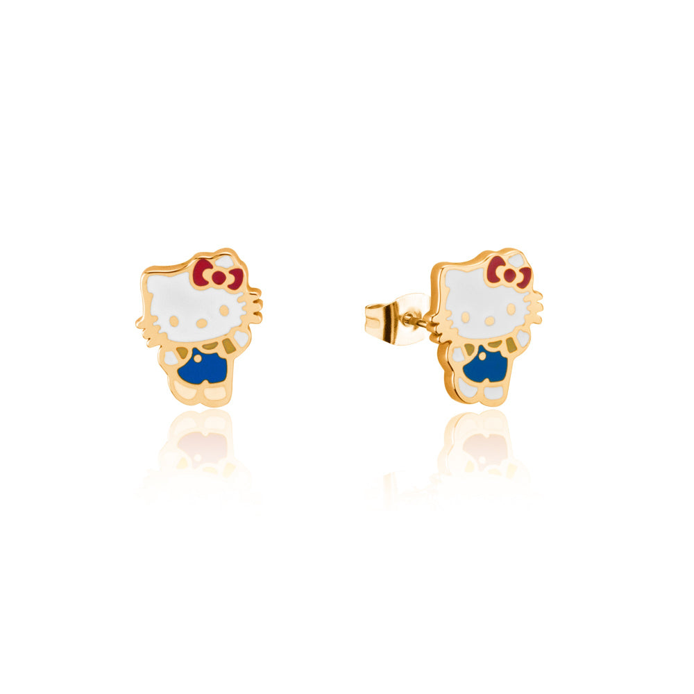 Enamel Hello Kitty character stud earrings with gold frames on a white background