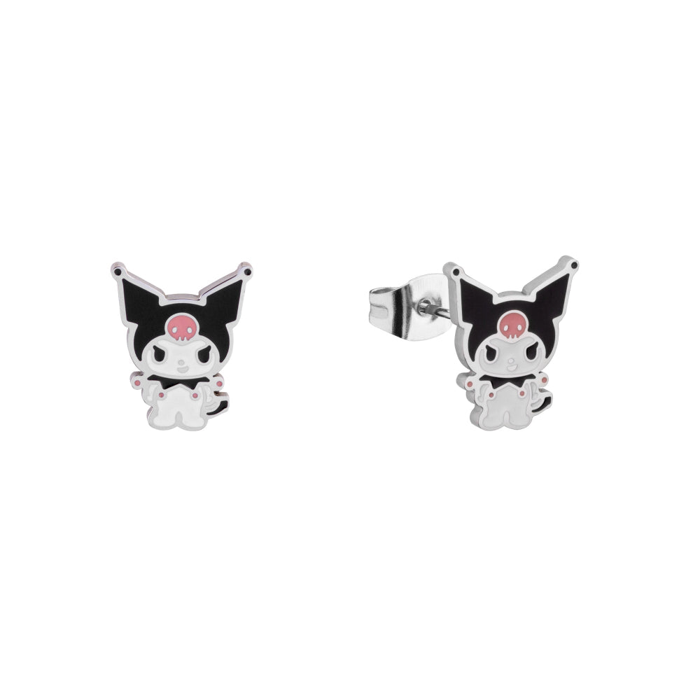 Stainless Steel Sanrio Kuromi enamel stud earrings on a white background