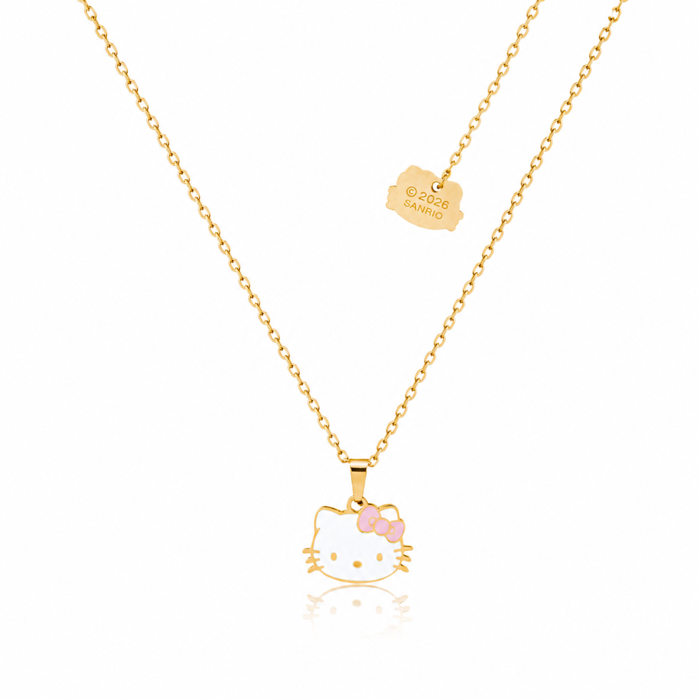 Yellow Gold Plated Stainless Steel Hello Kitty necklace with a pink bow on a white background by Couture Kingdom