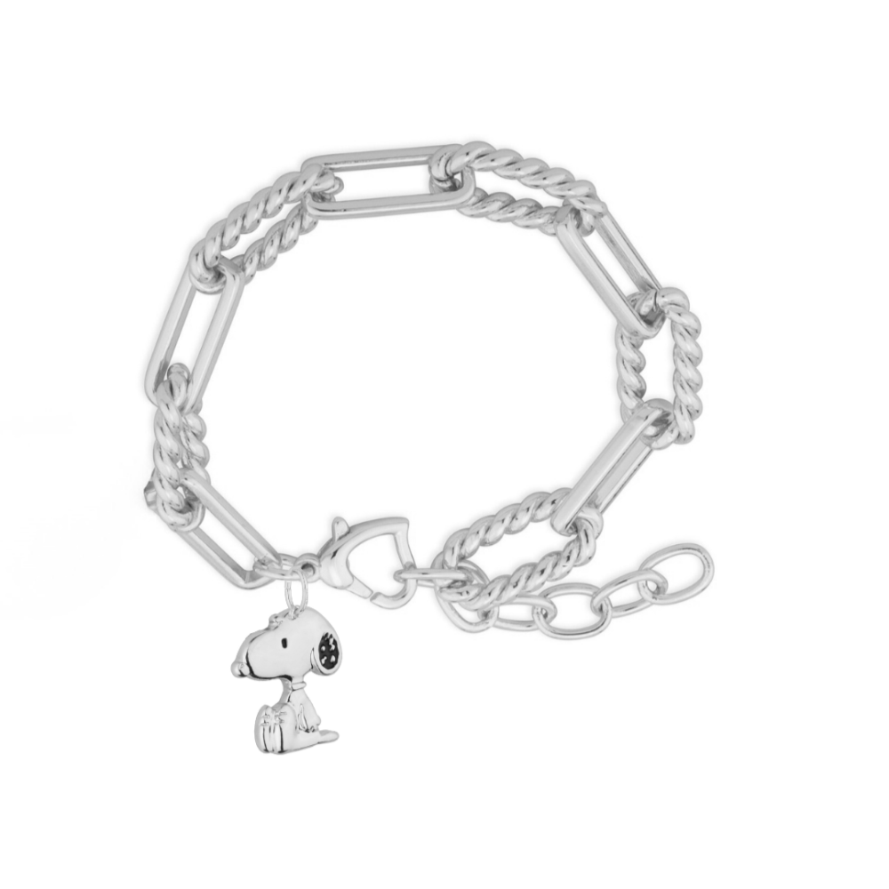 White gold bracelet with a Snoopy charm on a white background