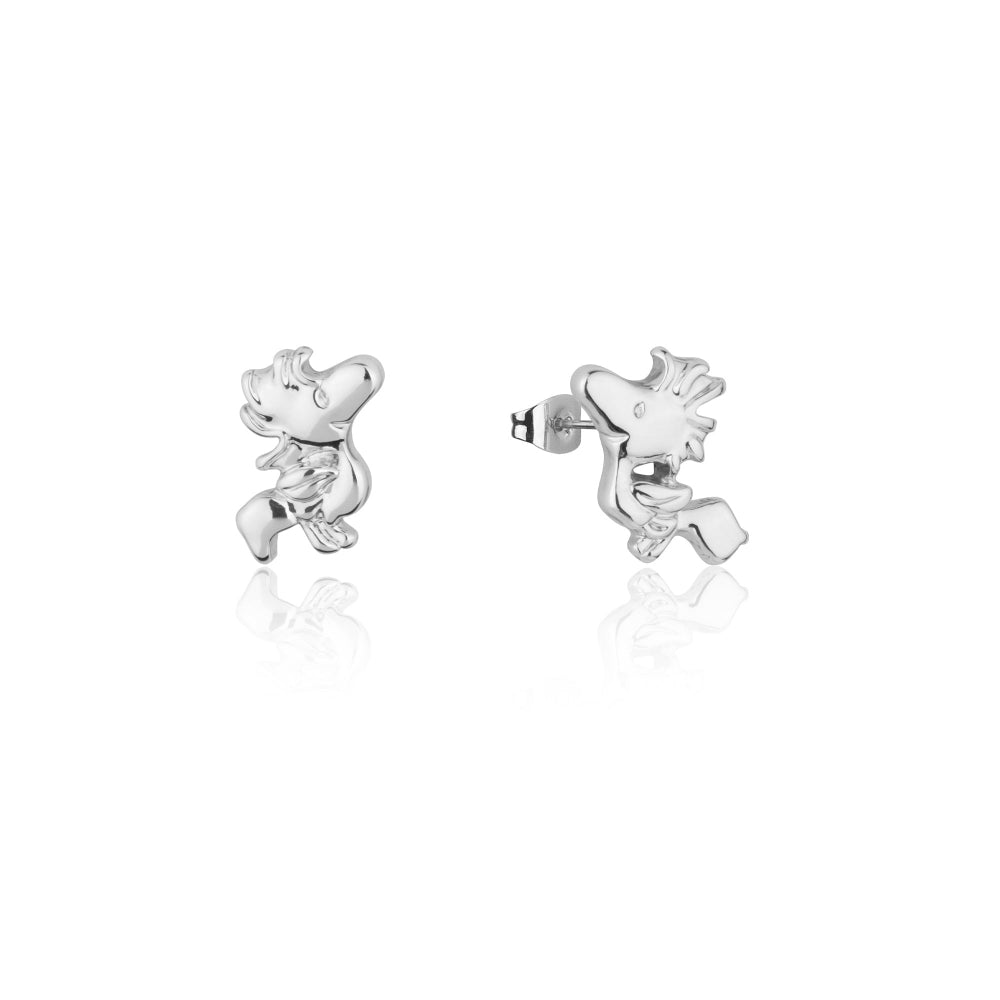 Silver Peanuts Woodstock earrings on a white background