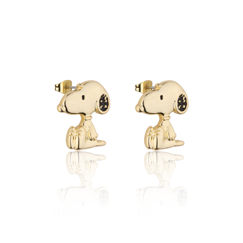Gold Snoopy earrings on a white background