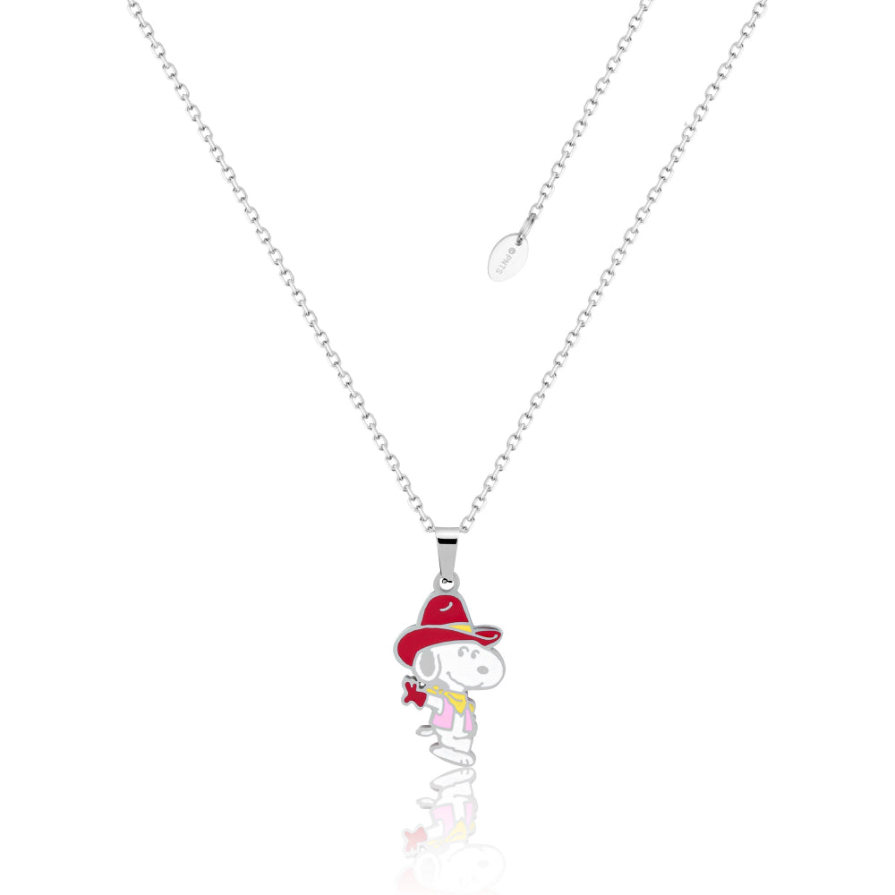 Stainless steel Peanuts Snoopy Cowboy pendant in a red hat on a white background.